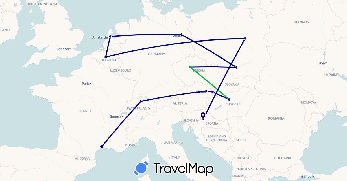 TravelMap itinerary: driving, bus in Austria, Belgium, Switzerland, Czech Republic, Germany, France, Croatia, Hungary, Netherlands, Poland, Slovakia (Europe)